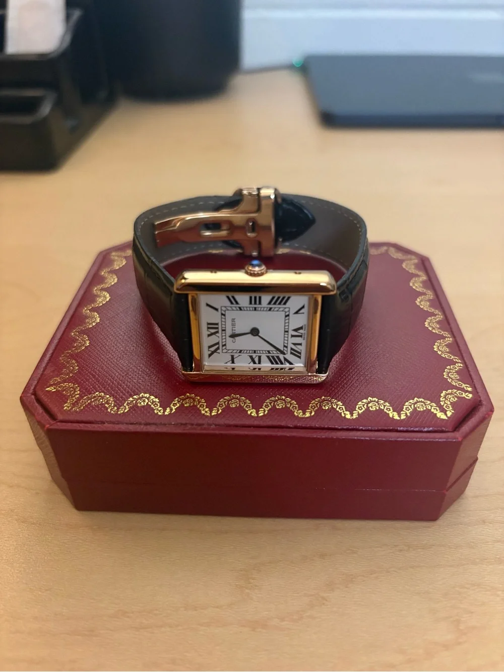 Men's Rectangular tank Gold-Tone Watch with Black Leather Strap